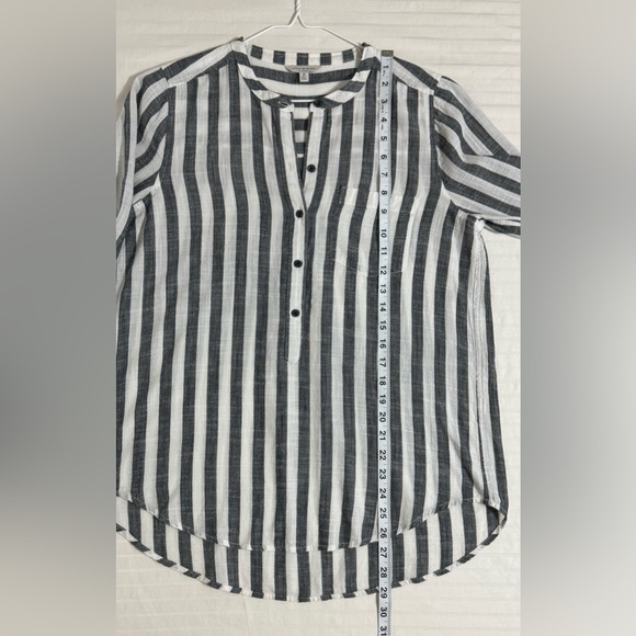 Lucky Brand Striped Tunic Mandarin Collar Top Henley Roll Tab Sleeves Medium - Picture 6 of 9